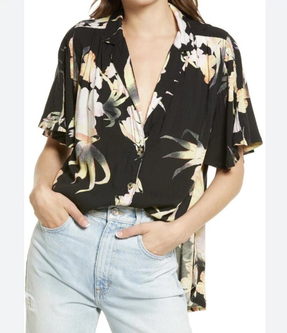 Free People X-Small Easy Livin Top Button-Up V-Neck Floral Hi-Low Hem Collared